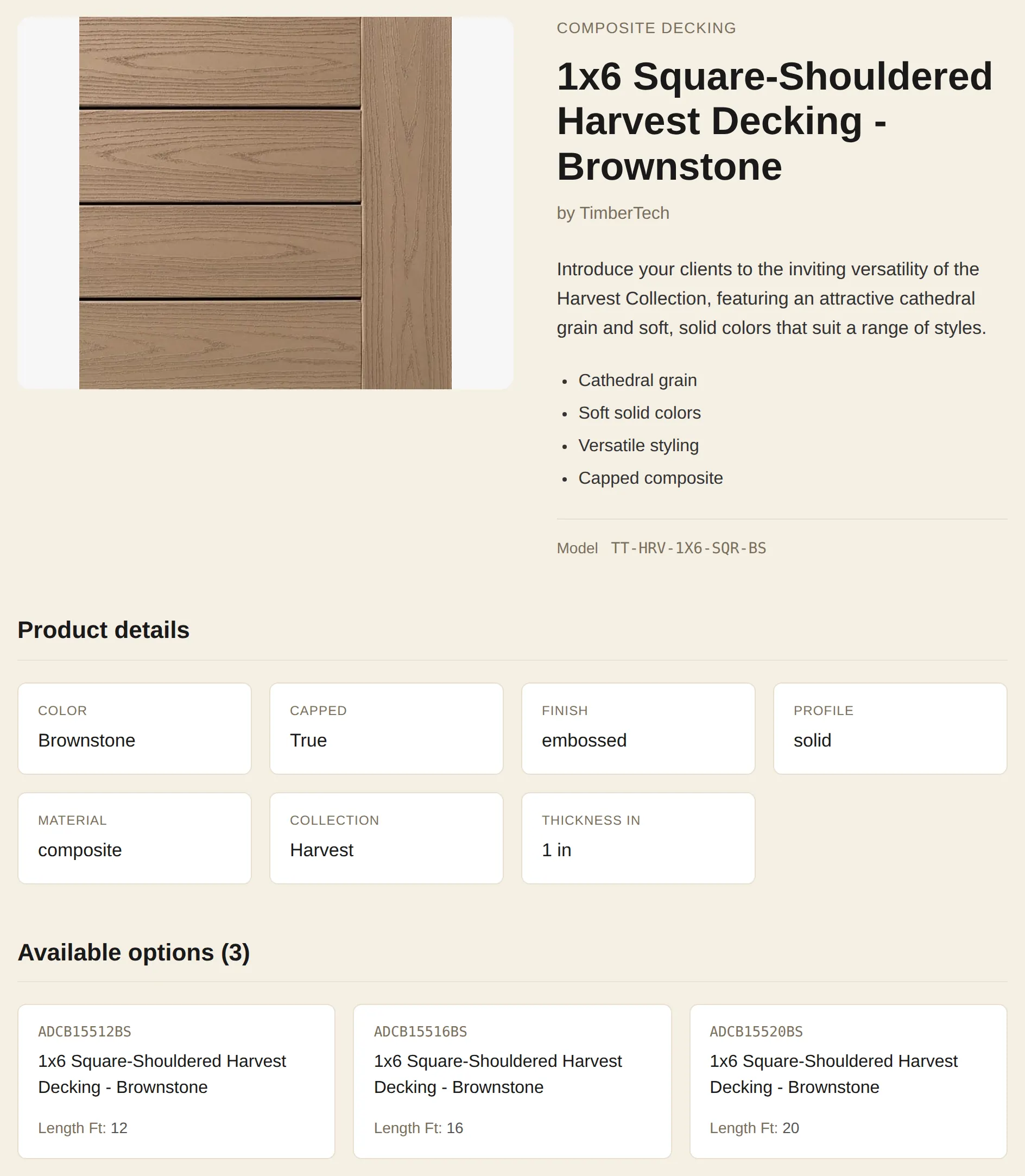 A TrueSpec product page: composite decking with structured specs and three orderable SKUs